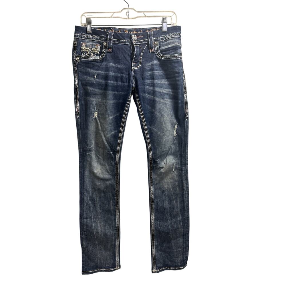 Rock Revival Raven Straight Jeans Womens 27 Dark Wash Distressed Flap Pockets